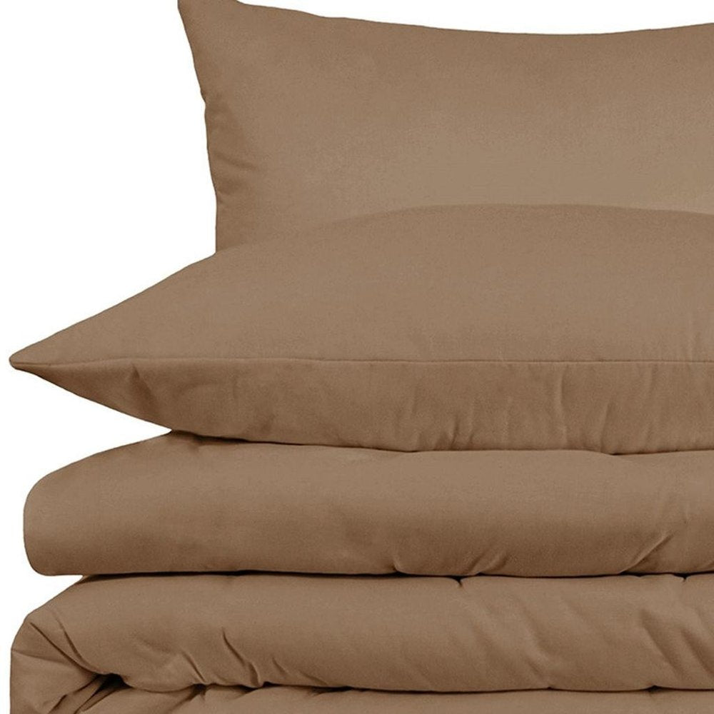 Taupe Queen Cotton Washable Duvet Cover Set With Two Shams