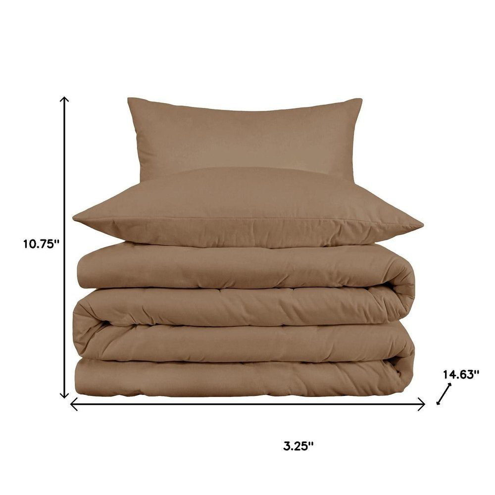 Taupe Queen Cotton Washable Duvet Cover Set With Two Shams on a white background