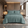 Teal Blue Queen Cotton Washable Duvet Cover Set With Two Shams