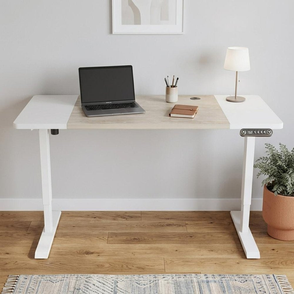 Adjustable Natural and White Wood and Stainless Steel Rolling Computer Desk on a white background