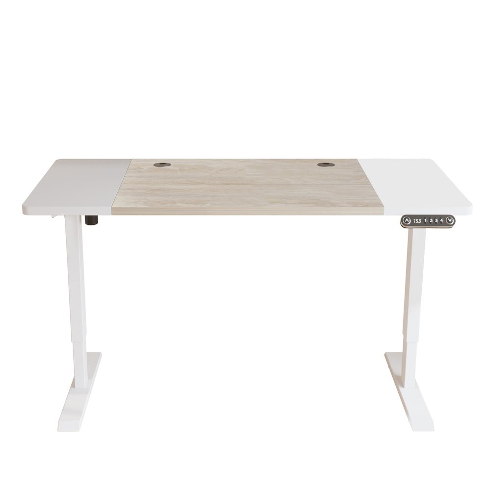Adjustable Natural and White Wood and Stainless Steel Rolling Computer Desk on a white background