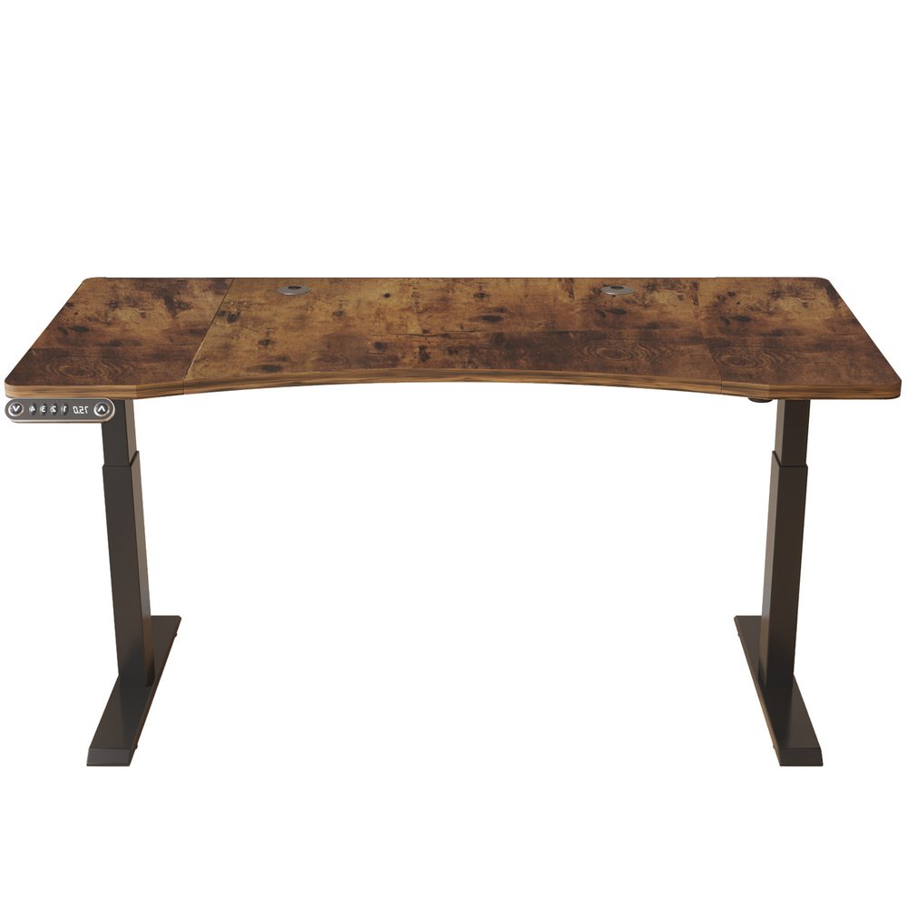 Adjustable Brown and Black Wood and Stainless Steel Rolling Standing Desk on a white background