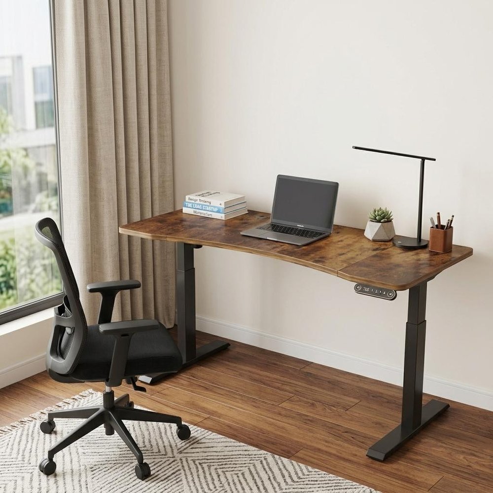 Adjustable Brown and Black Wood and Stainless Steel Rolling Standing Desk