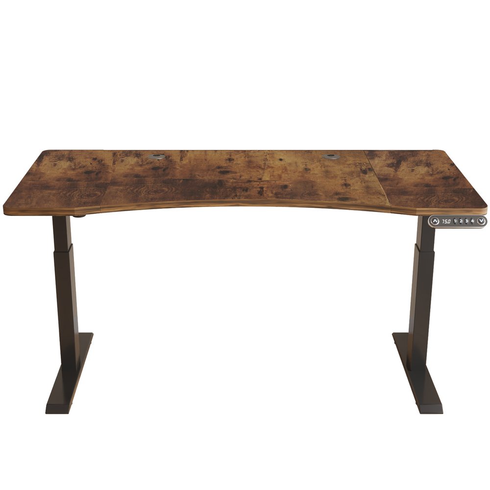 Adjustable standing desk with a brown wood grain top and black metal legs on a white background.