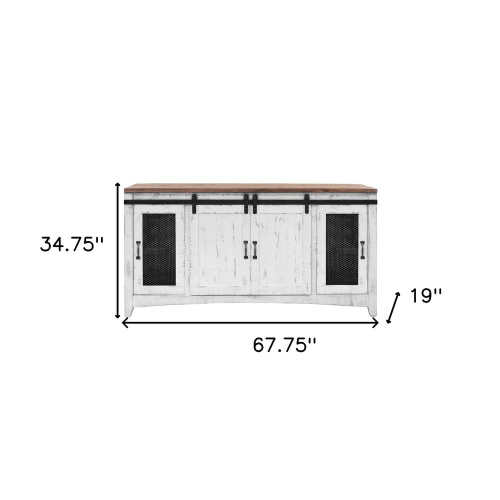 68" White Solid Wood Cabinet Enclosed Storage Distressed TV Stand. TV stand isolated on a plain white background, showing a white wood surface.