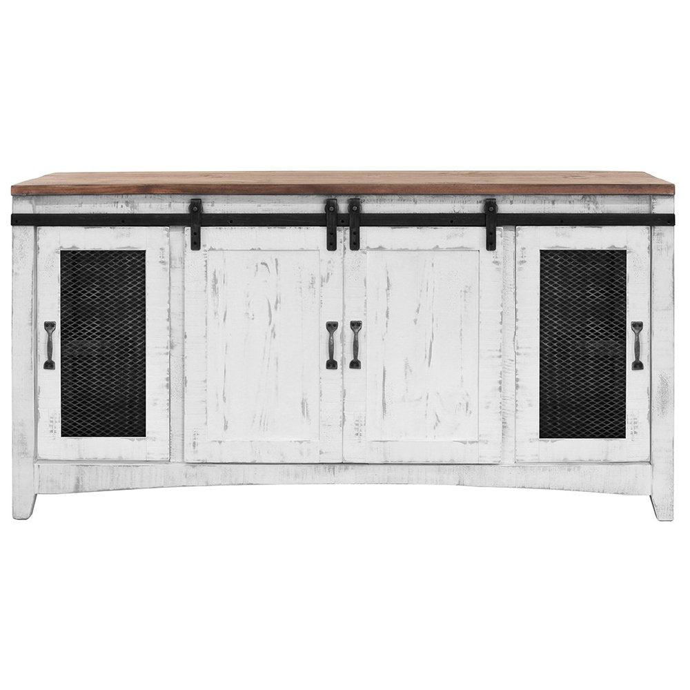 68" White Solid Wood Cabinet Enclosed Storage Distressed TV Stand. TV stand isolated on a plain white background, in a white wood finish.
