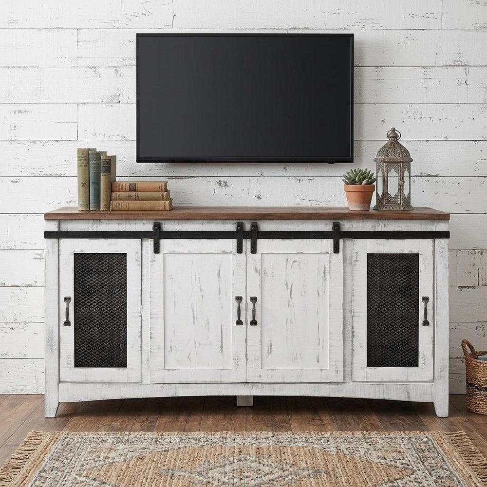68" White Solid Wood Cabinet Enclosed Storage Distressed TV Stand