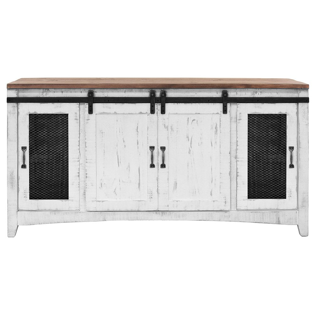 White distressed solid wood TV stand with sliding barn doors and mesh inserts, featuring a natural wood top.