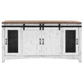 68" White Solid Wood Cabinet Enclosed Storage Distressed TV Stand. TV stand isolated on a plain white background, finished in white wood.