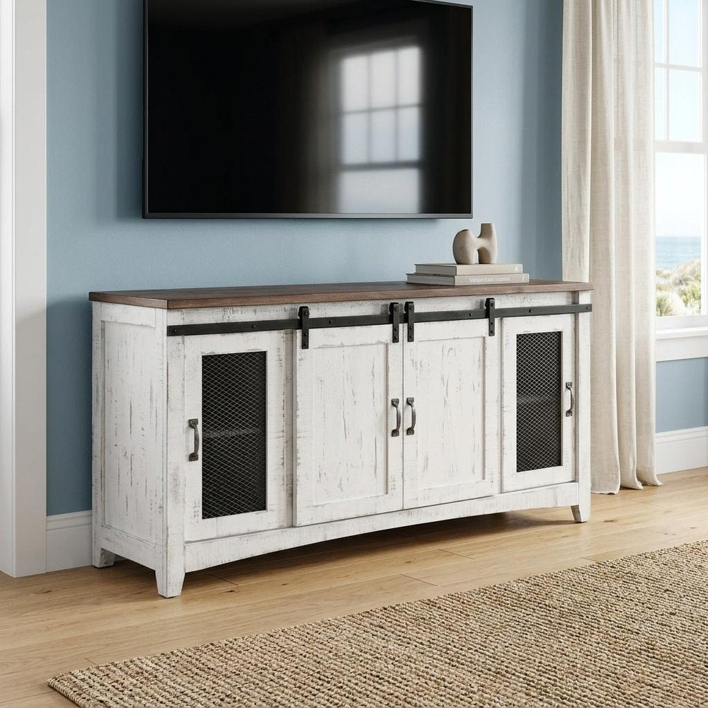 68" White Solid Wood Cabinet Enclosed Storage Distressed TV Stand