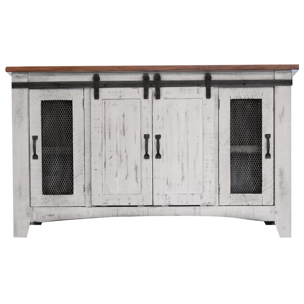 70" White Solid Wood Cabinet Enclosed Storage Distressed TV Stand on a white background