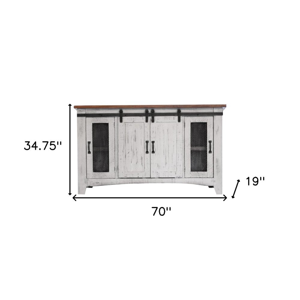 70" White Solid Wood Cabinet Enclosed Storage Distressed TV Stand on a white background