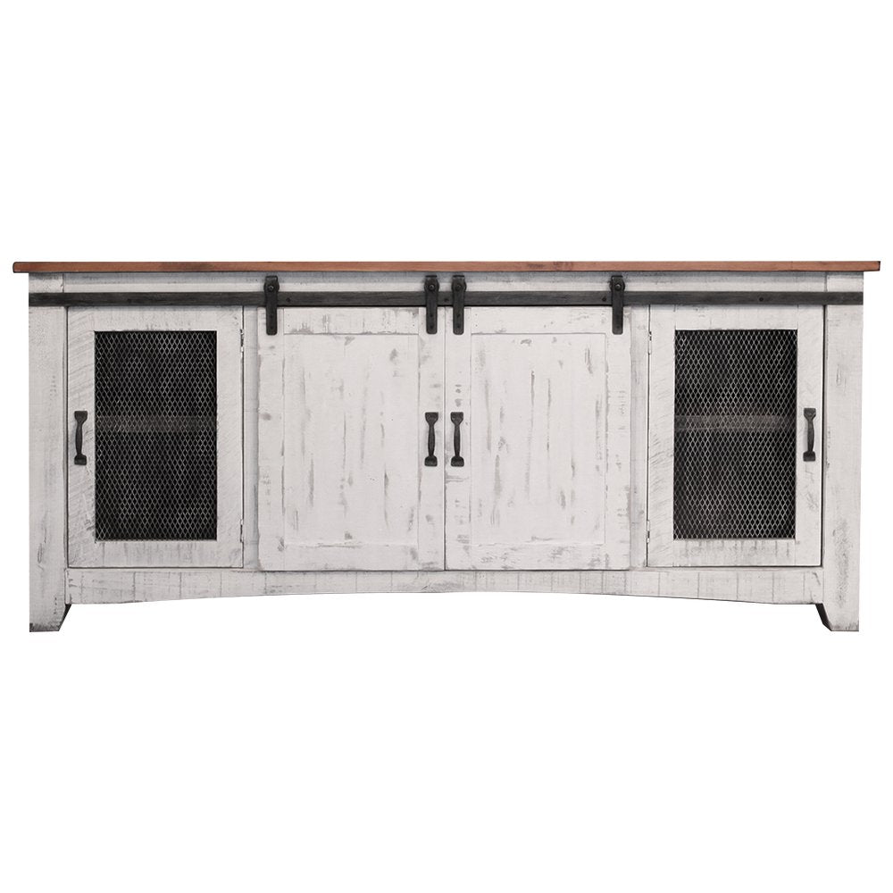 79" White Solid Wood Cabinet Enclosed Storage Distressed TV Stand on a white background