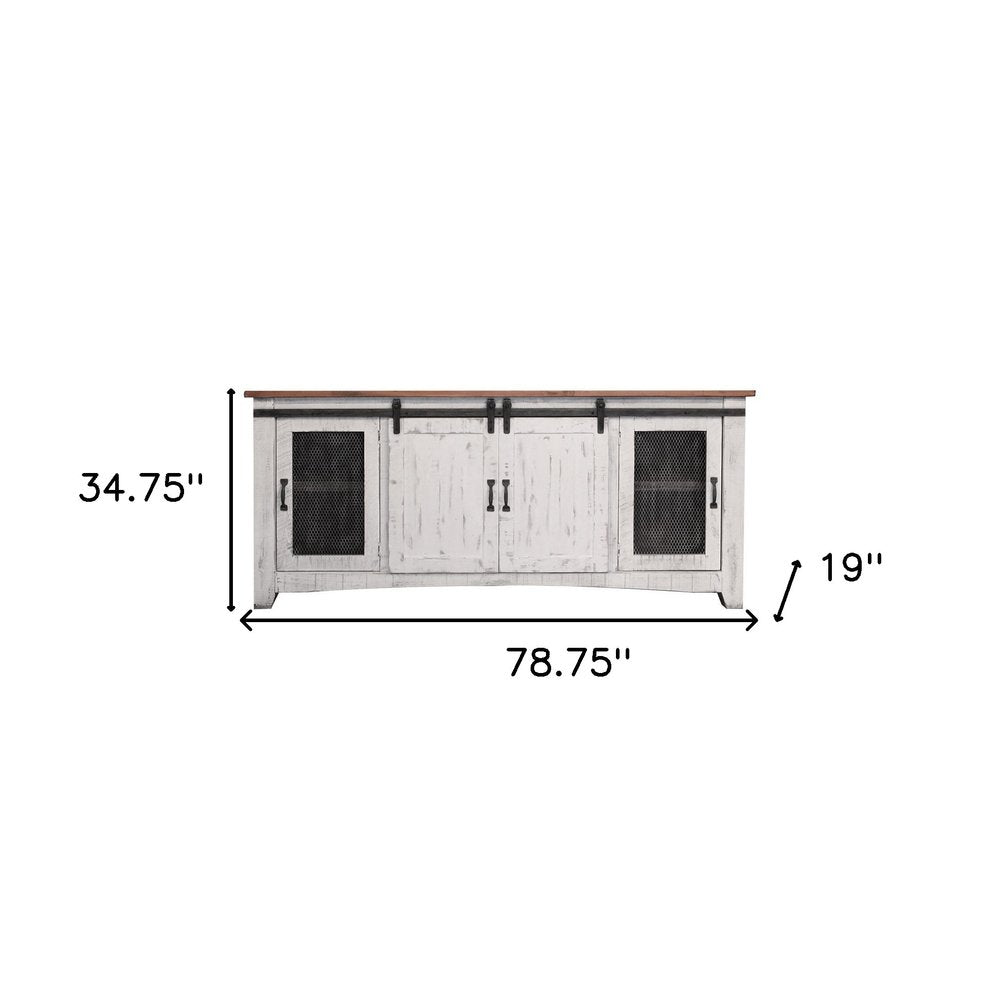 79" White Solid Wood Cabinet Enclosed Storage Distressed TV Stand on a white background