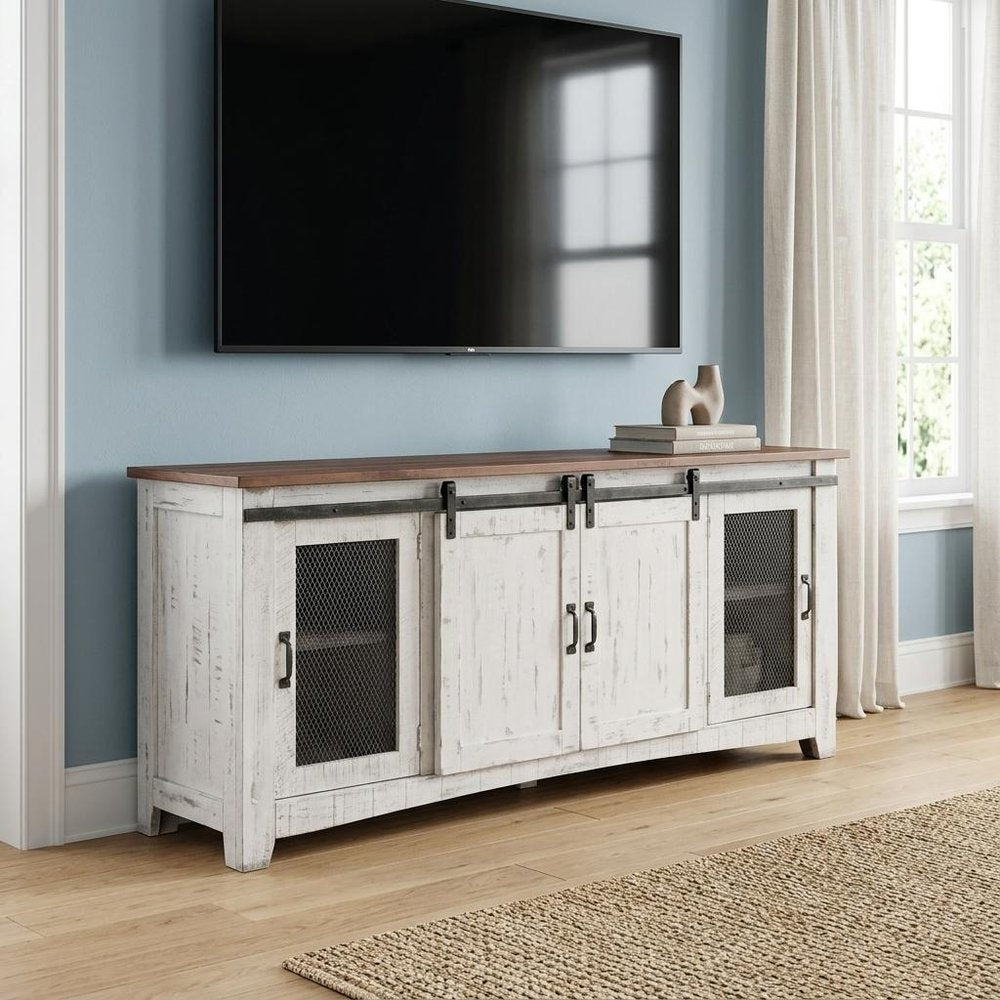79" White Solid Wood Cabinet Enclosed Storage Distressed TV Stand in a home interior