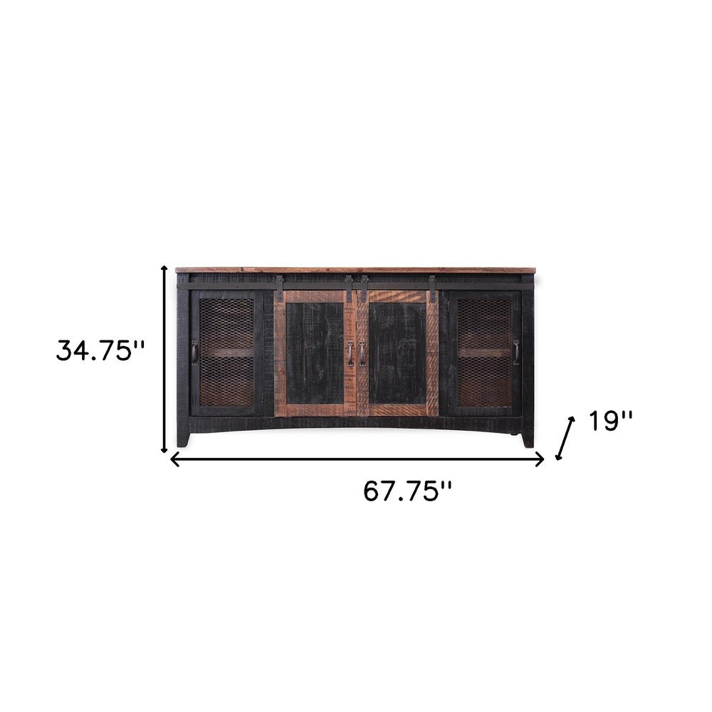 60" Black Solid Wood Cabinet Enclosed Storage Distressed TV Stand. TV stand isolated on a plain white background, finished in black wood.
