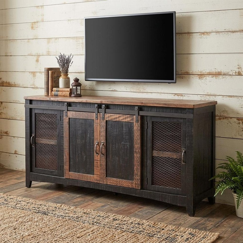 68" Black Solid Wood Cabinet Enclosed Storage Distressed TV Stand