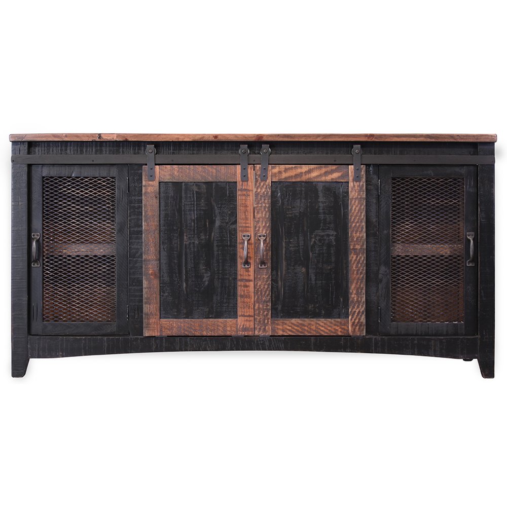 Black solid wood cabinet with distressed finish, featuring sliding barn doors with metal mesh panels and metal hardware, on a white background.