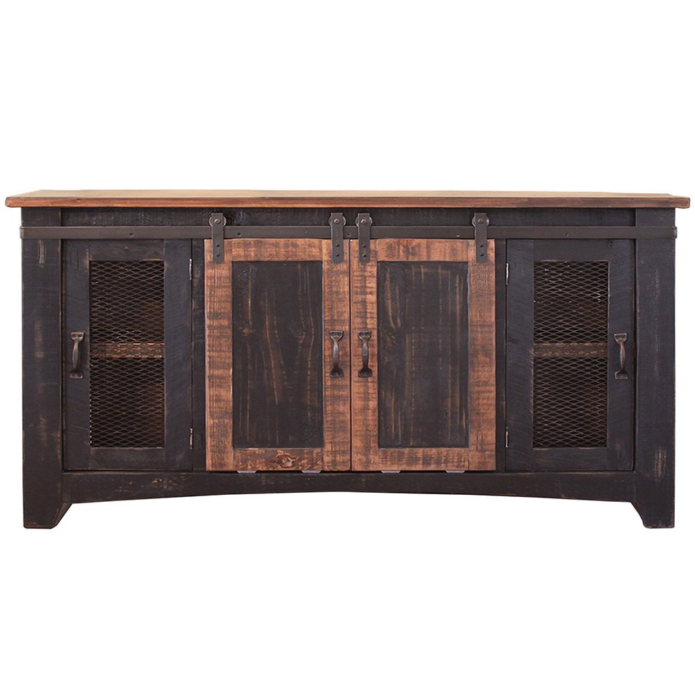 60" Black Solid Wood Cabinet Enclosed Storage Distressed TV Stand. TV stand isolated on a plain white background, in a black wood finish.