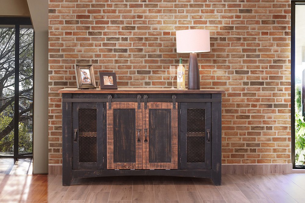 68" Black Solid Wood Cabinet Enclosed Storage Distressed TV Stand