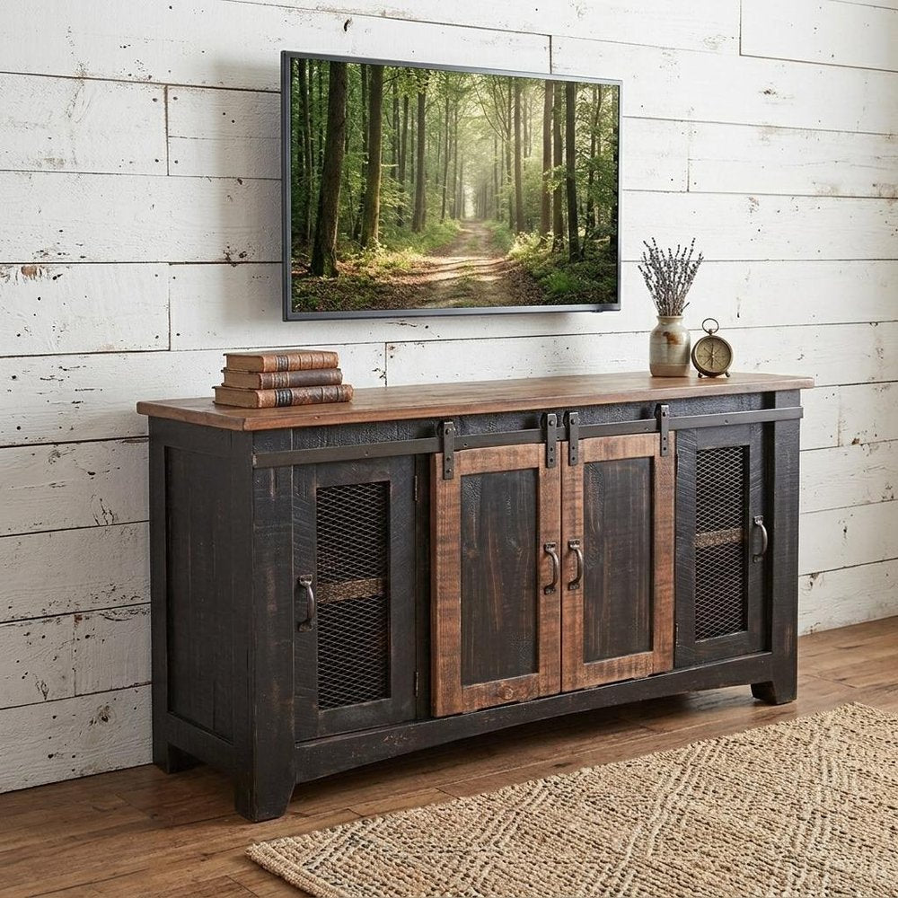 60" Black Solid Wood Cabinet Enclosed Storage Distressed TV Stand. TV stand in black wood.