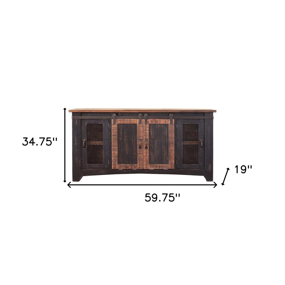 60" Black Solid Wood Cabinet Enclosed Storage Distressed TV Stand. TV stand isolated on a plain white background, finished in black wood.