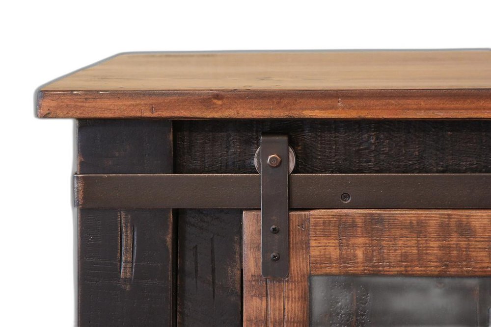 60" Black Solid Wood Cabinet Enclosed Storage Distressed TV Stand. TV stand isolated on a plain white background, showing a black wood surface.