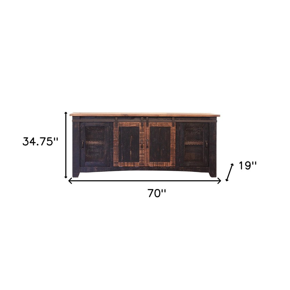 70" Black Solid Wood Cabinet Enclosed Storage Distressed TV Stand on a white background