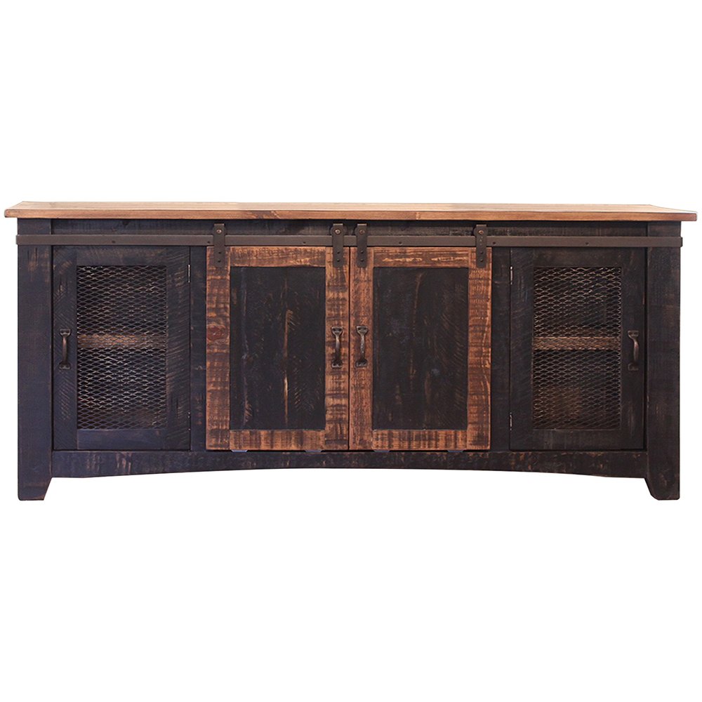 Black solid wood cabinet with distressed finish, featuring sliding barn doors and mesh cabinet doors, on a white background.