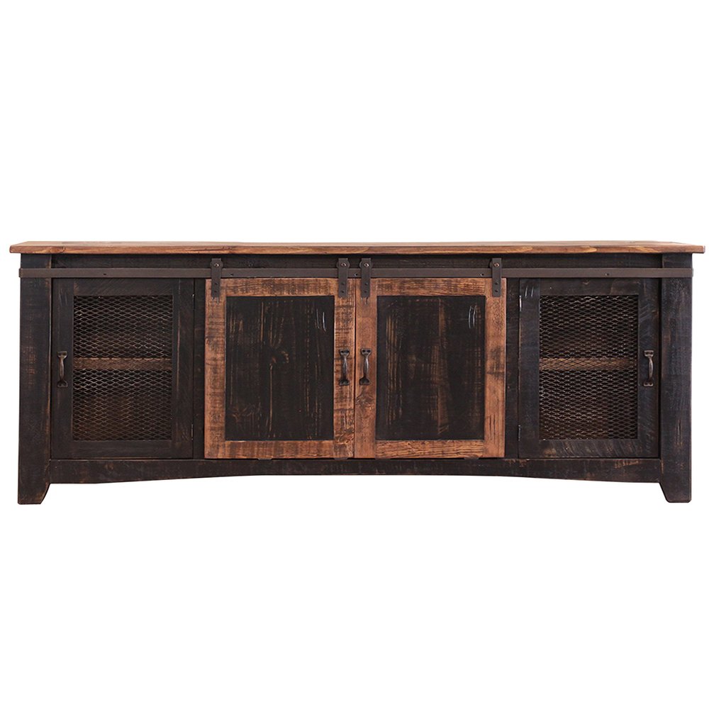 79" Black Solid Wood Cabinet Enclosed Storage Distressed TV Stand on a white background