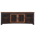 79" Black Solid Wood Cabinet Enclosed Storage Distressed TV Stand on a white background