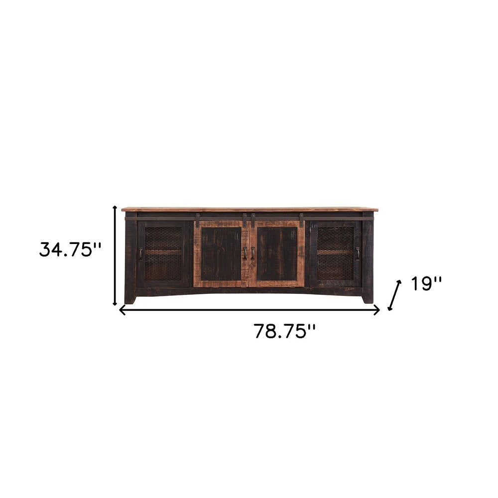 79" Black Solid Wood Cabinet Enclosed Storage Distressed TV Stand on a white background