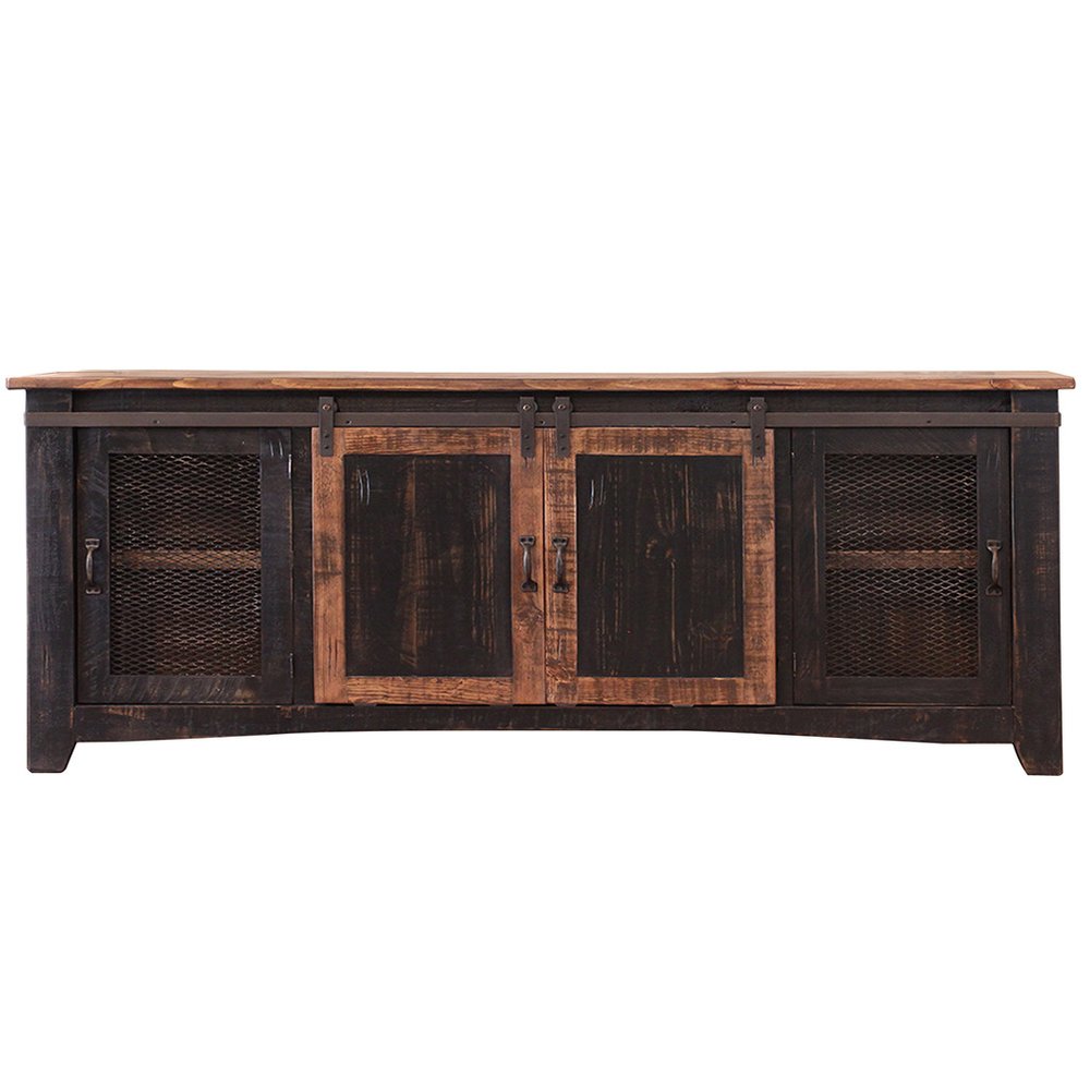 79" Black Solid Wood Cabinet Enclosed Storage Distressed TV Stand on a white background