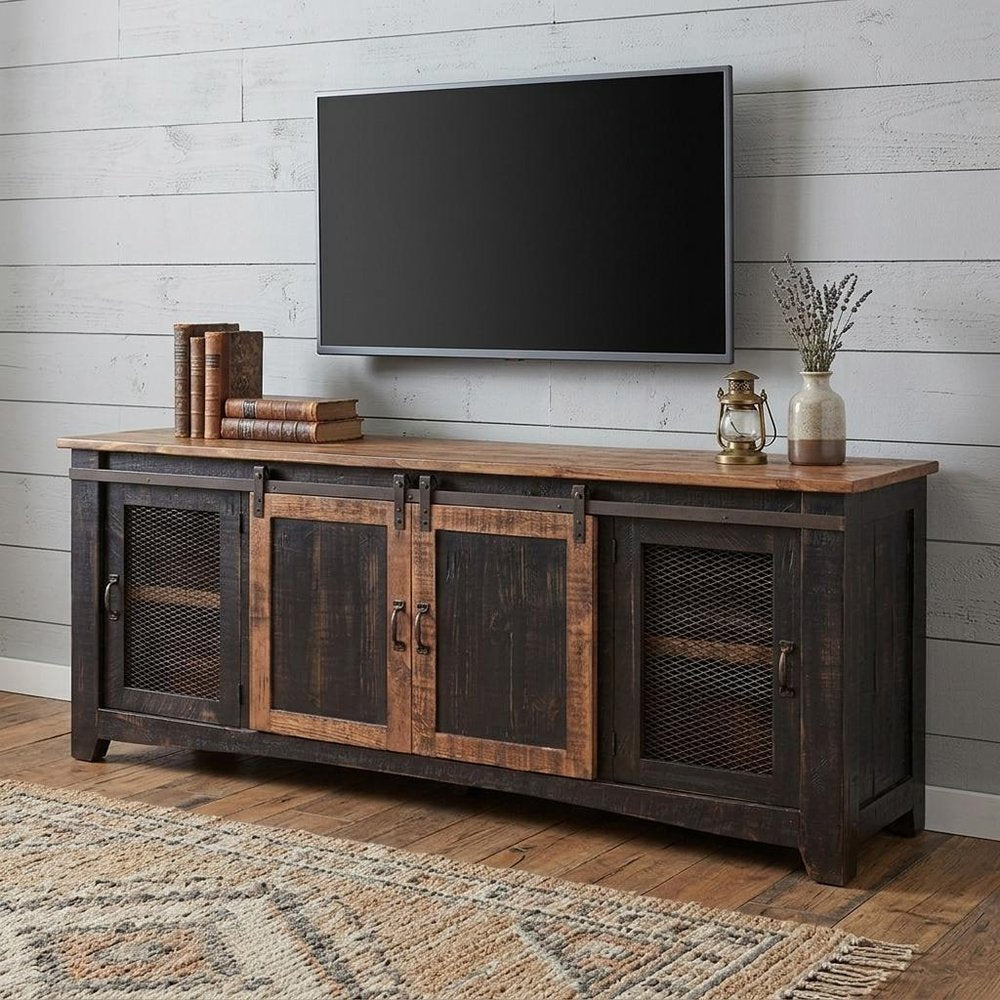 79" Black Solid Wood Cabinet Enclosed Storage Distressed TV Stand in a home interior