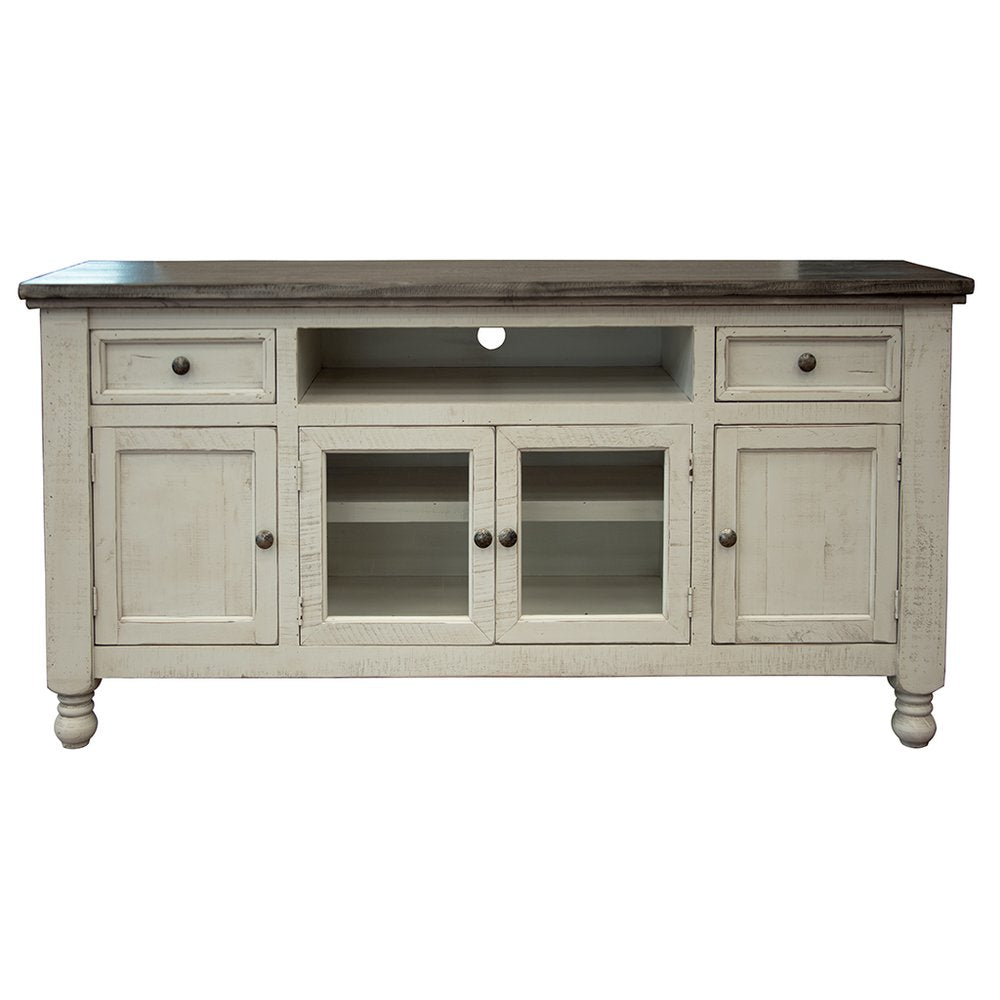 Ivory distressed solid wood TV stand with glass doors and drawers on a white background.