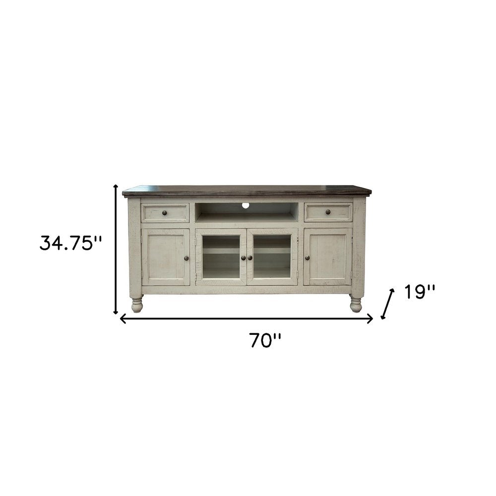 70" Ivory Solid Wood Enclosed Storage Distressed TV Stand on a white background