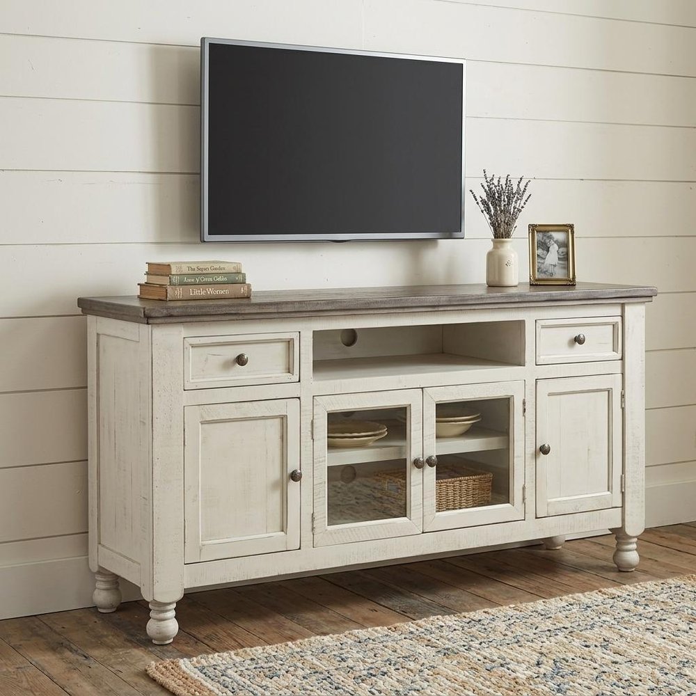 70" Ivory Solid Wood Enclosed Storage Distressed TV Stand