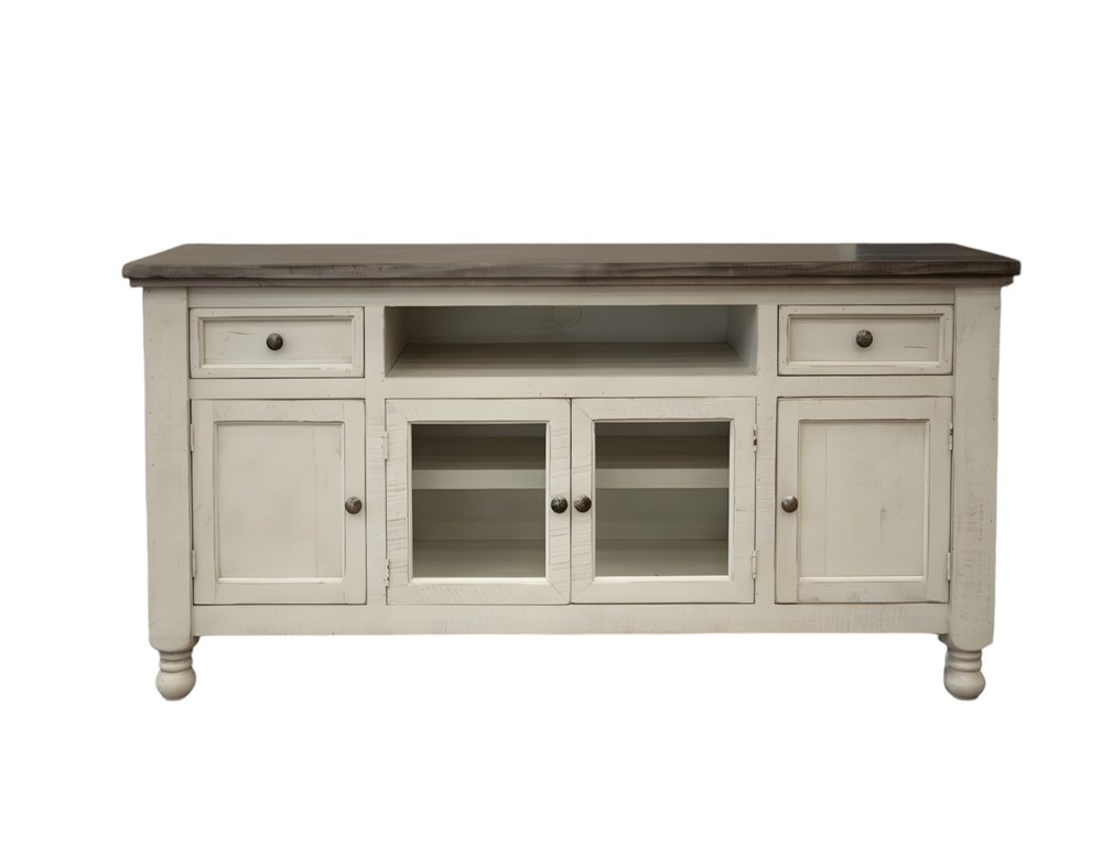 79" Ivory Solid Wood Open shelving Distressed TV Stand on a white background