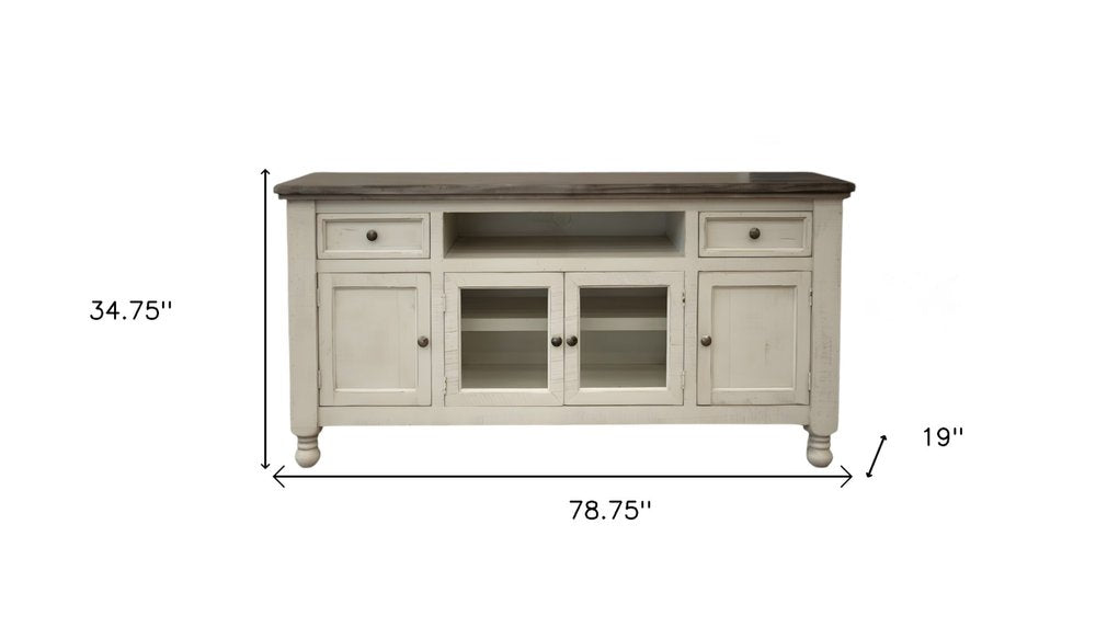 79" Ivory Solid Wood Open shelving Distressed TV Stand on a white background