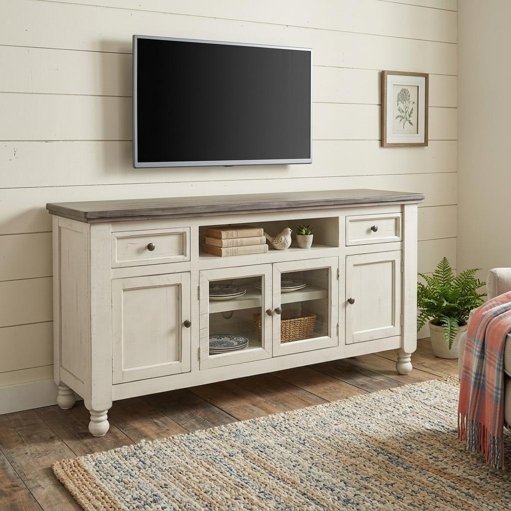 79" Ivory Solid Wood Open shelving Distressed TV Stand in a home interior