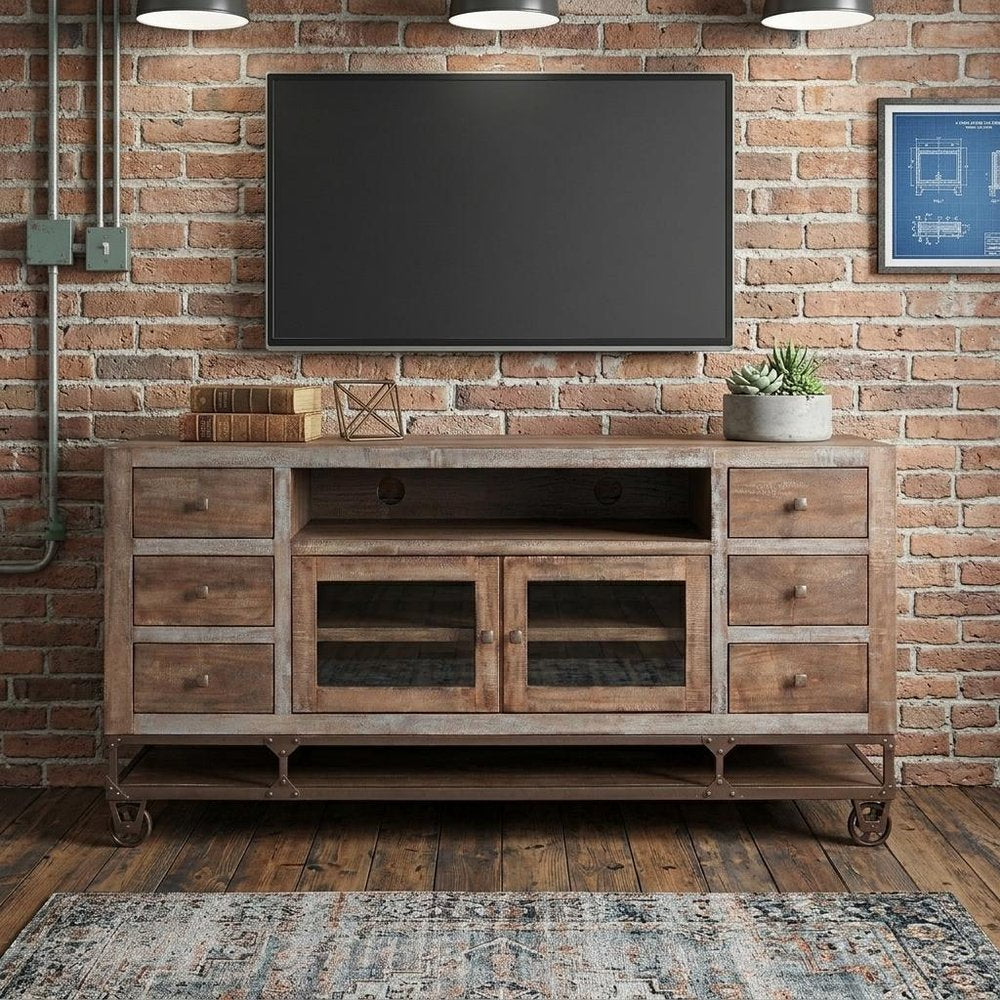 76" Brown Solid Wood Cabinet Enclosed Storage Distressed TV Stand - 38" H x 76" W x 17.75" D