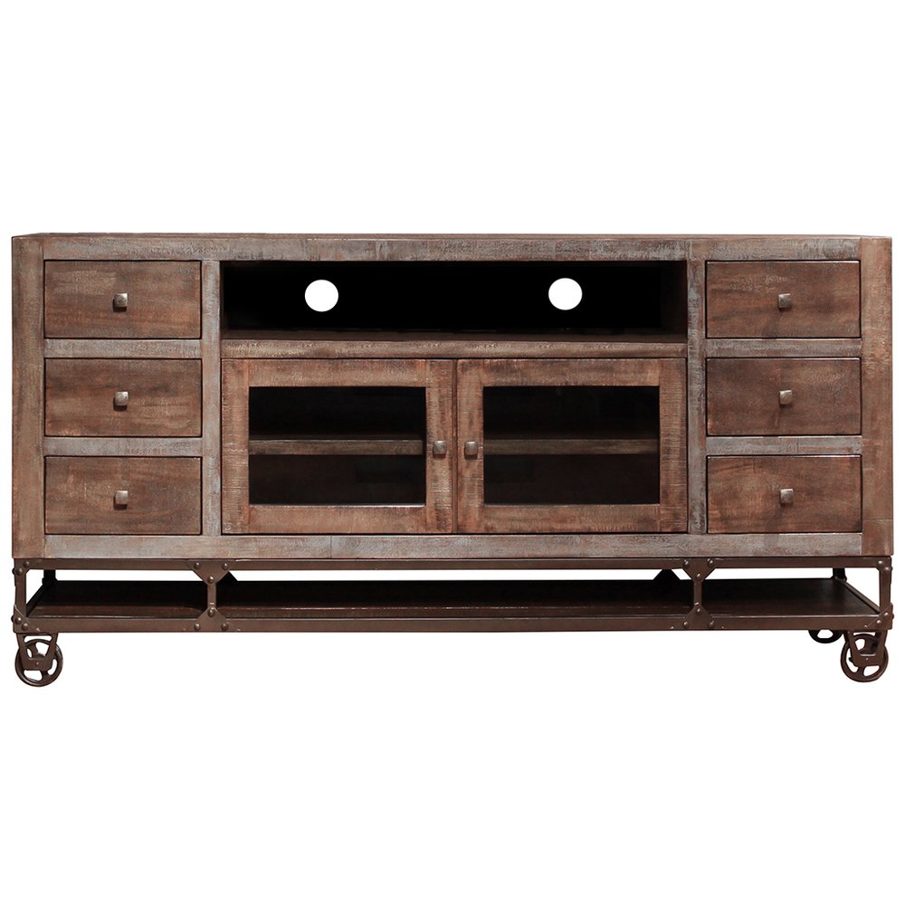 76" Brown Solid Wood Cabinet Enclosed Storage Distressed TV Stand - 38" H x 76" W x 17.75" D