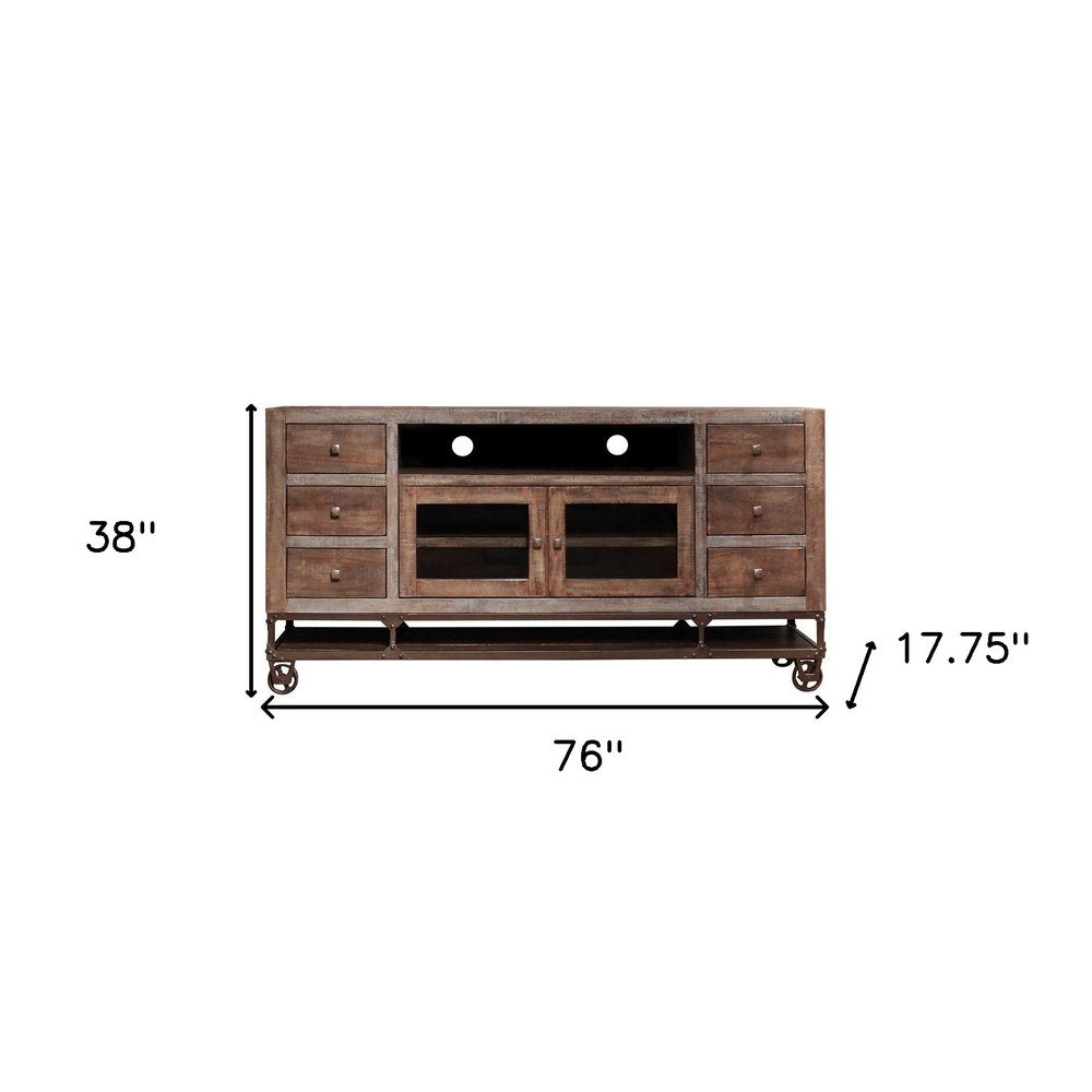 76" Brown Solid Wood Cabinet Enclosed Storage Distressed TV Stand - 38" H x 76" W x 17.75" D