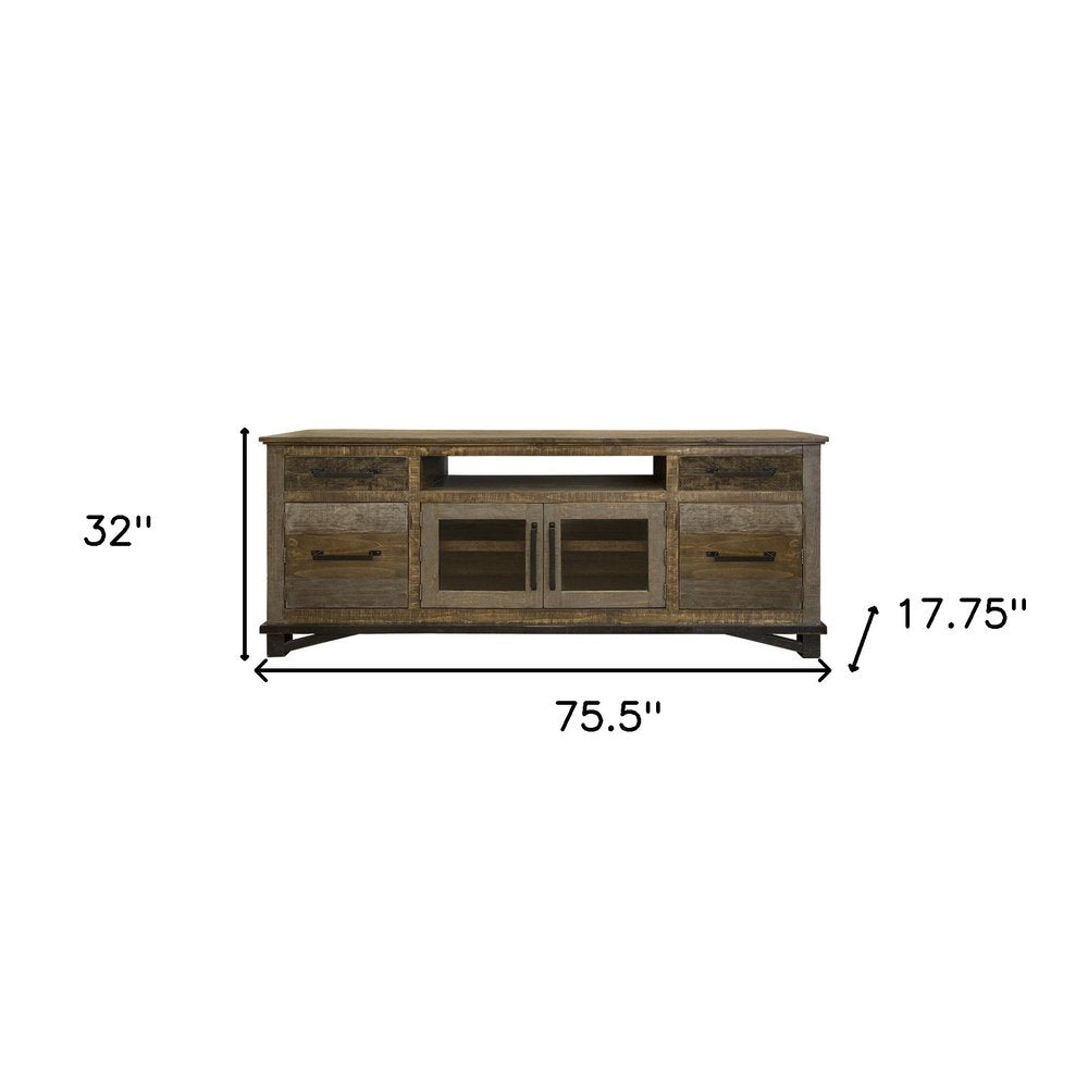 76" Brown Solid Wood Cabinet Enclosed Storage Distressed TV Stand - 32" H x 75.5" W x 17.75" D