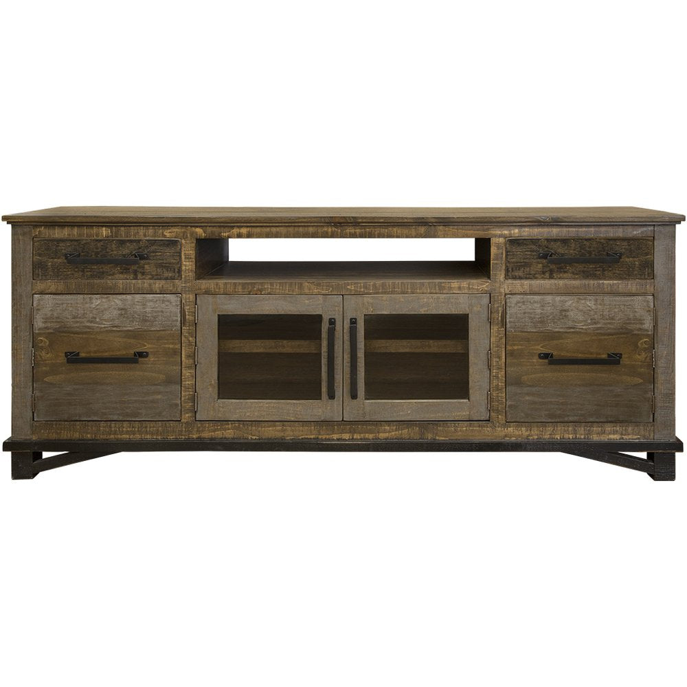 Brown solid wood TV stand with distressed finish, featuring two drawers on each side, two glass-front cabinets in the center, and a top shelf.