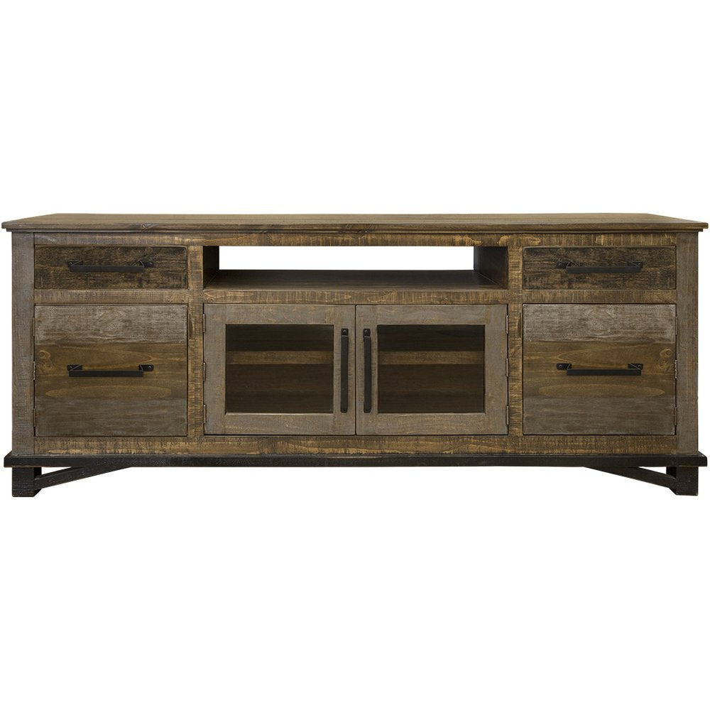 76" Brown Solid Wood Cabinet Enclosed Storage Distressed TV Stand - 32" H x 75.5" W x 17.75" D