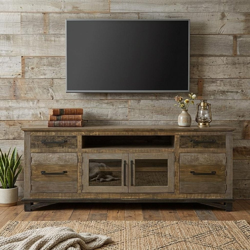 76" Brown Solid Wood Cabinet Enclosed Storage Distressed TV Stand - 32" H x 75.5" W x 17.75" D