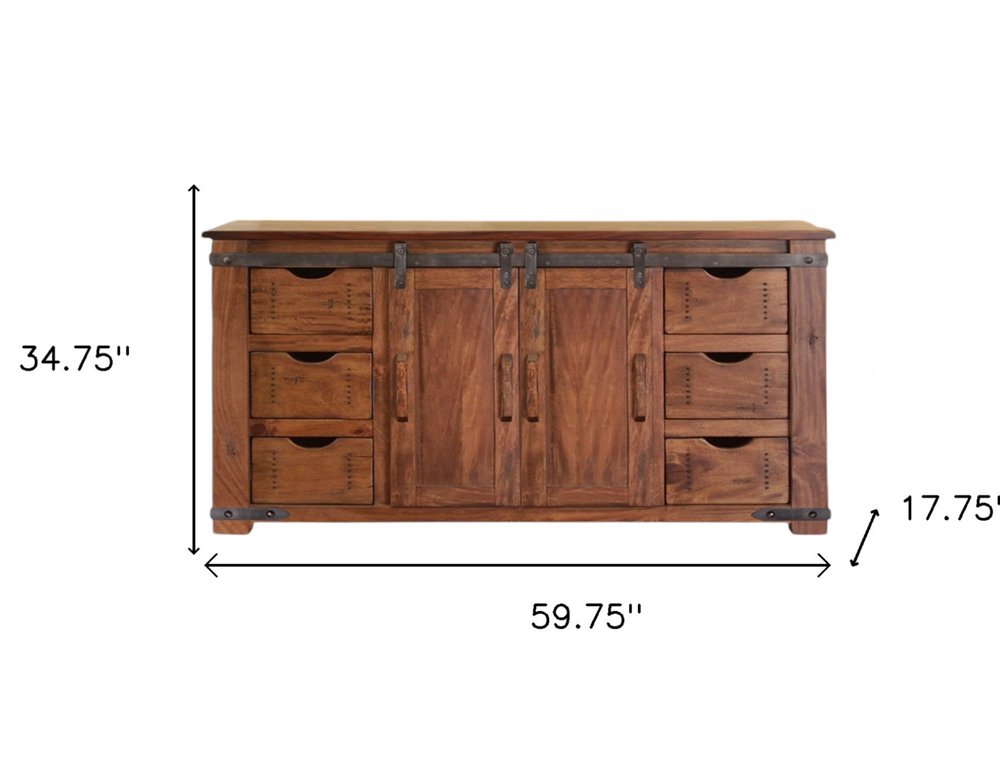 60" Brown Solid Wood Enclosed Storage Distressed TV Stand. TV stand isolated on a plain white background, finished in brown wood.