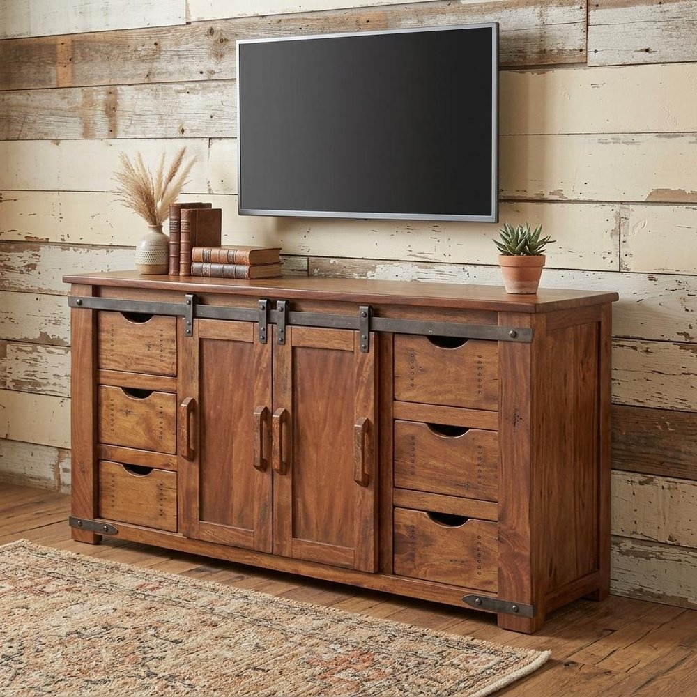 60" Brown Solid Wood Enclosed Storage Distressed TV Stand