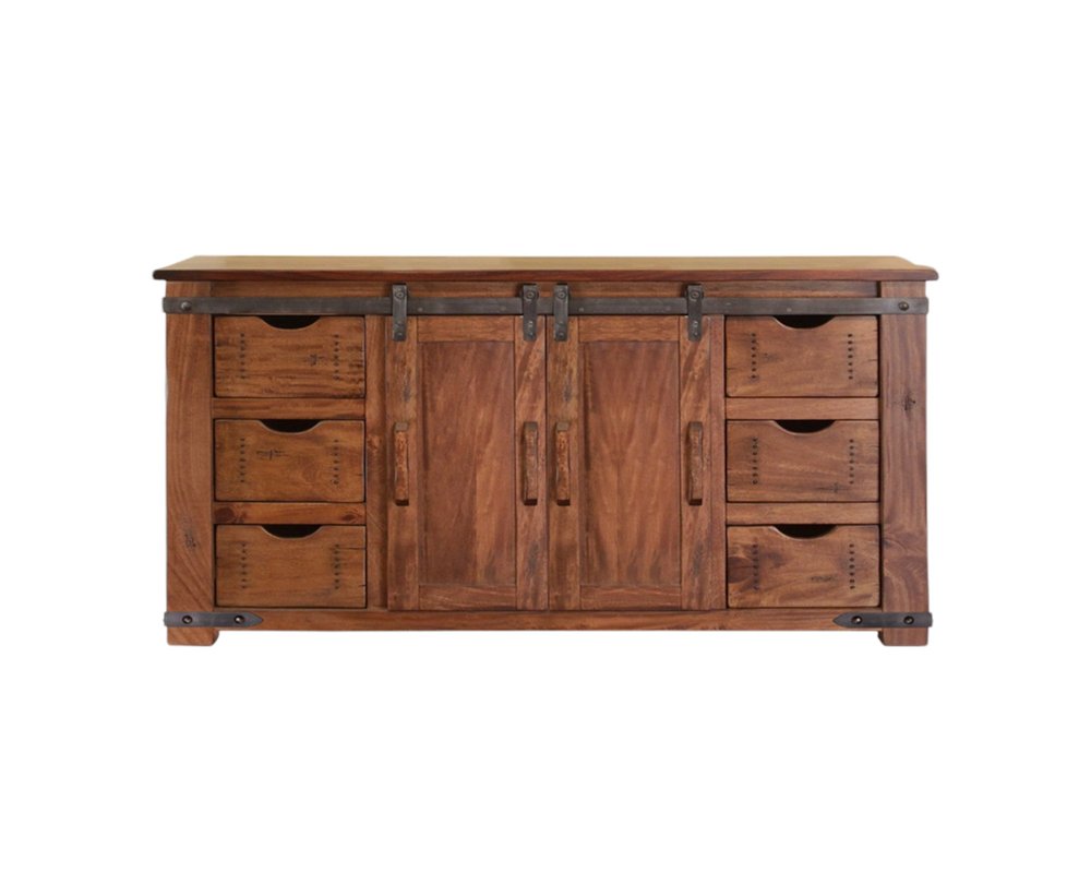 60" Brown Solid Wood Enclosed Storage Distressed TV Stand. TV stand isolated on a plain white background, in a brown wood finish.